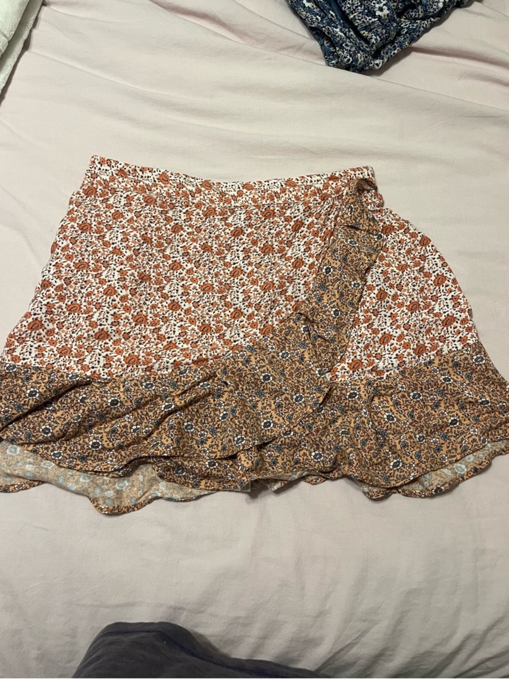 Anthropologie Sim & Sam Faux Wrap Mini Skirt Pink Floral Ruffle Boho